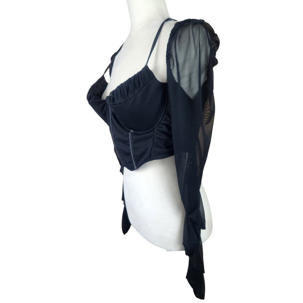 XXL Goth Bustier Crop Top Sheer Ruched Sleeves Whimsy Gothic Black Plus Size